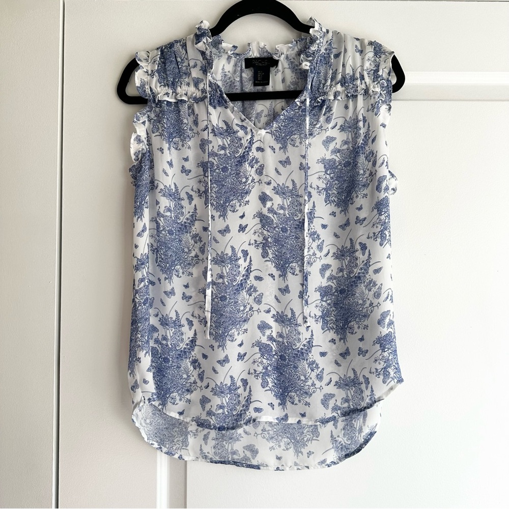 RACHEL Rachel Roy Blue and White Floral Sheer Sleeveless Ruffle Blouse